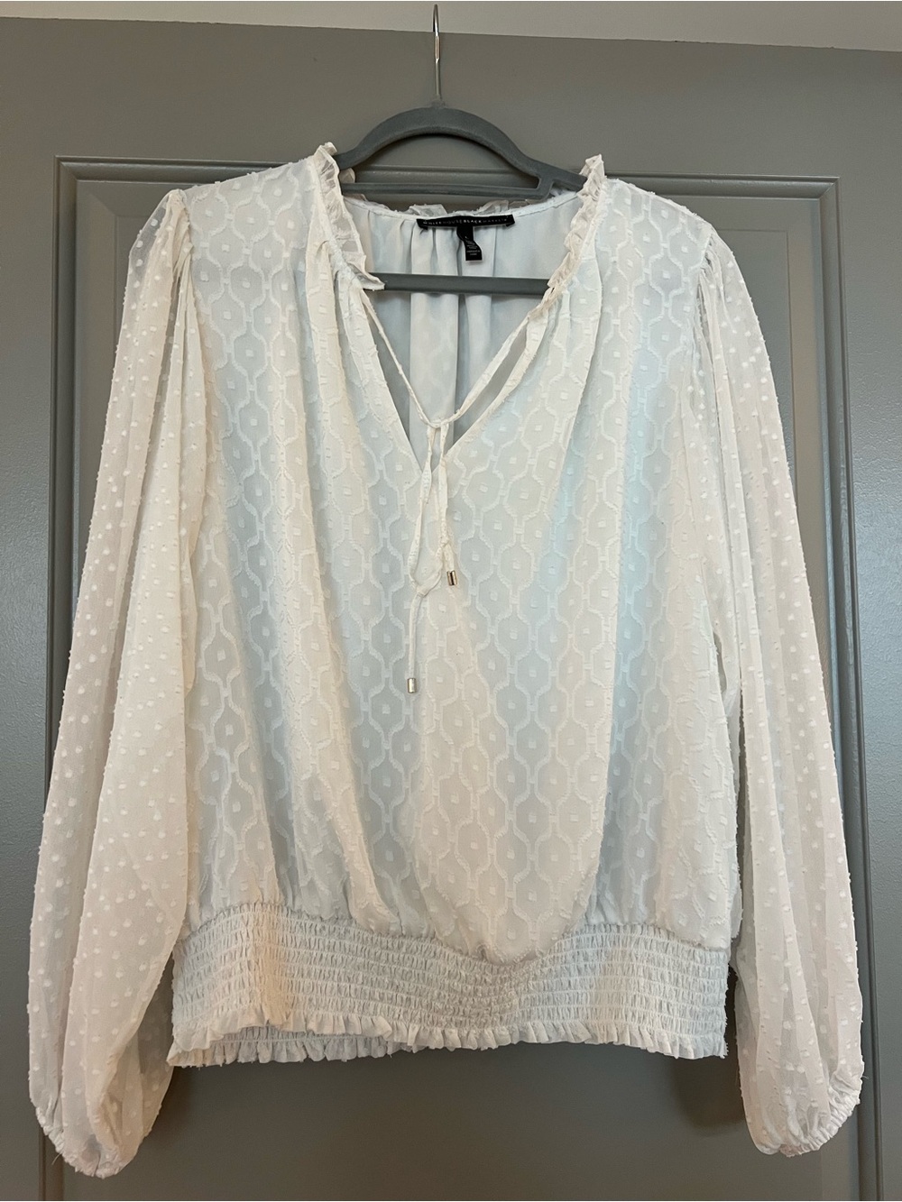 White House Black Market Cream Textured Tie-Neck Blouse